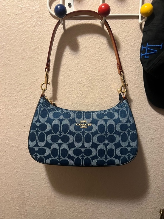 Coach Handbags - Coach Blue Signature Jacquard Shoulder Bag with Brown Strap